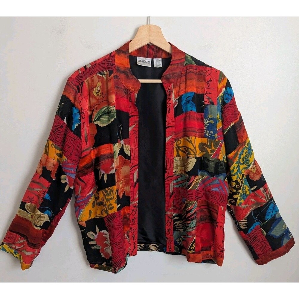 Vintage Chicos Silk Patchwork Open Jacket Topper Red Asian Eclectic Art To Wear